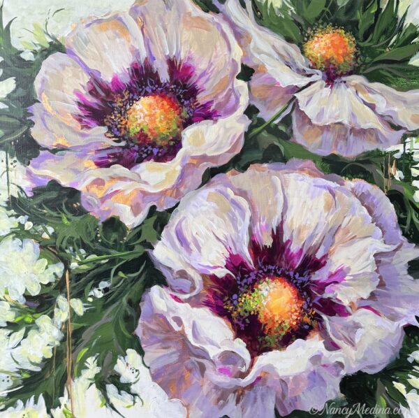 Two Dancers White Poppies 36X36