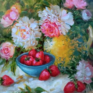 Strawberries and Peonies, 16X16