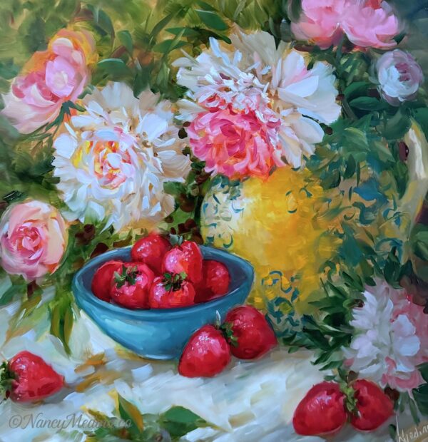 Strawberries and Peonies, 16X16
