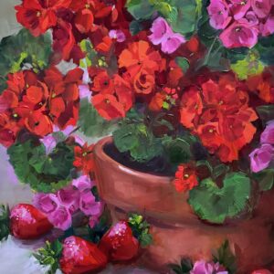 Red Geraniums and Strawberries 16X12