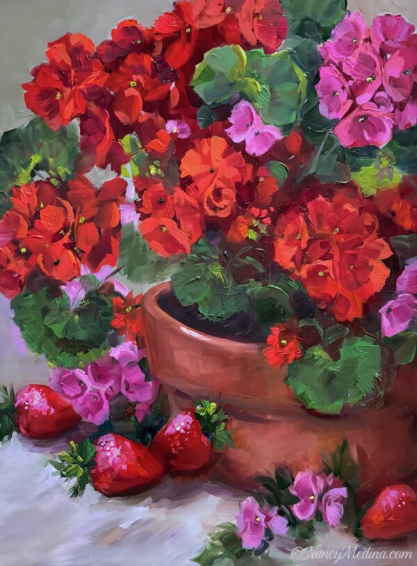 Red Geraniums and Strawberries 16X12